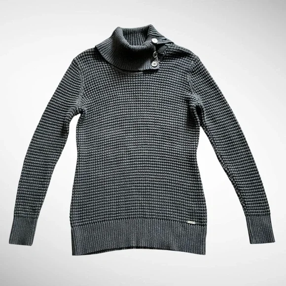 Calvin Klein Gray Turtleneck Long-Sleeve Sweater with Button Detail - Picture 12 of 12